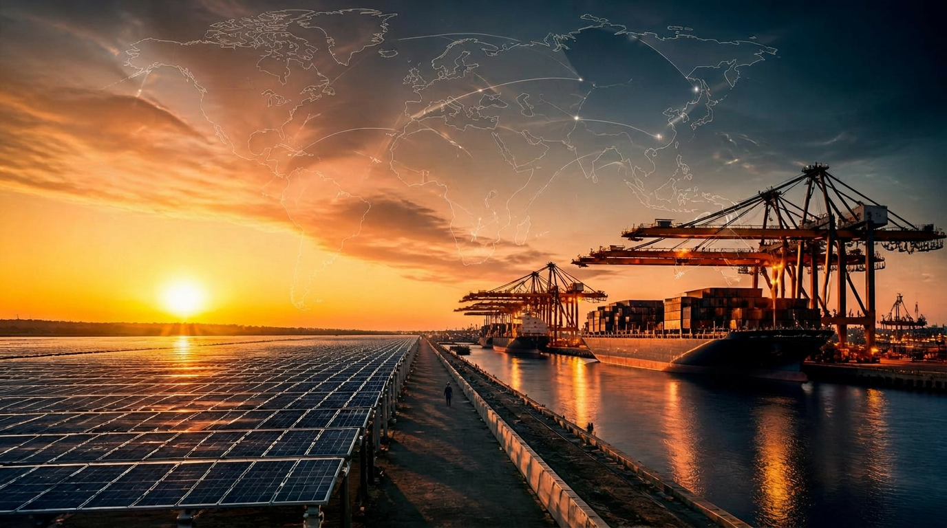 Container terminal at dusk